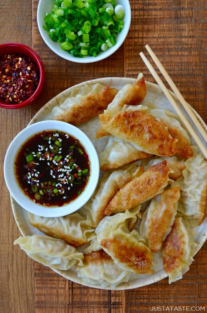 easy-chicken-potstickers-with-soy-dipping-sauce-just-a-taste