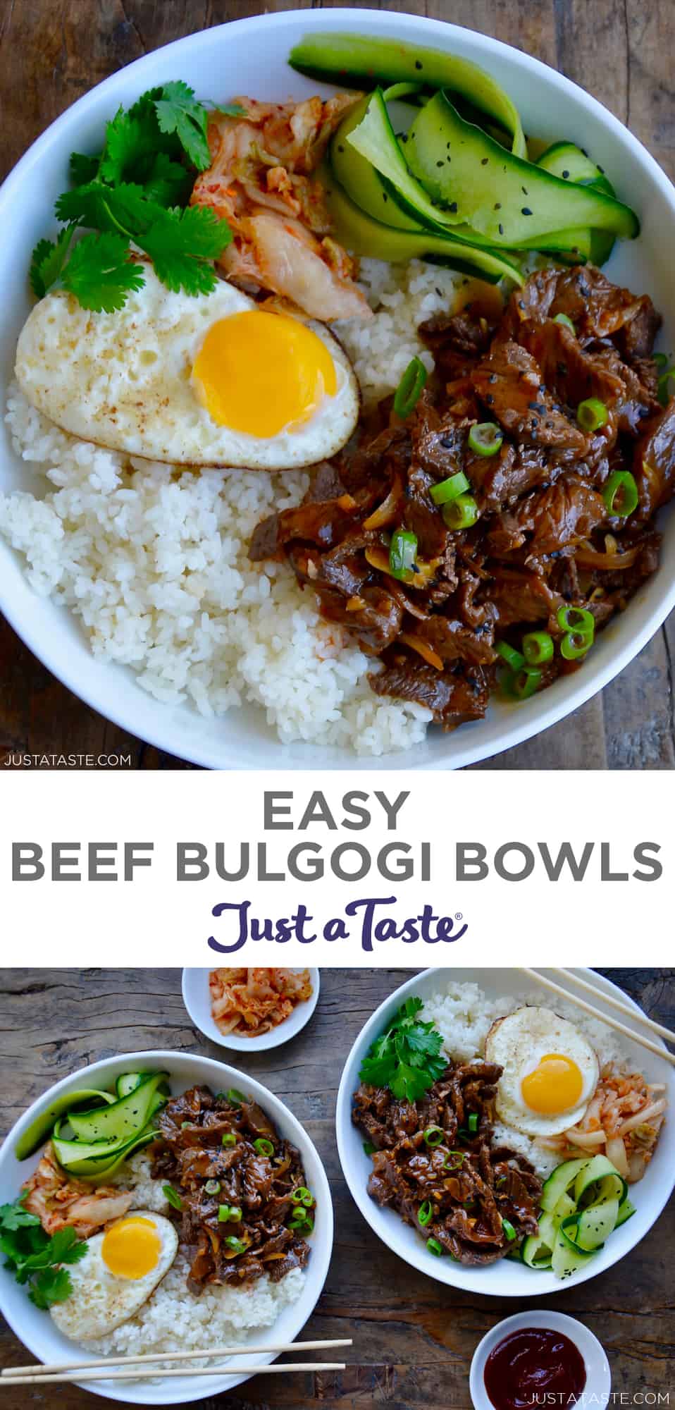 Top image: A close-up view of a bowl containing beef Bulgogi, white rice, a fried egg, kimchi and pickled cucumber. Bottom image: A top-down view of two Beef Bulgogi Bowls.