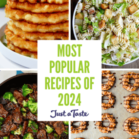 A collage of recipes, including corn fritters, Caesar pasta salad, beef and broccoli, and homemade Samoas cookies.